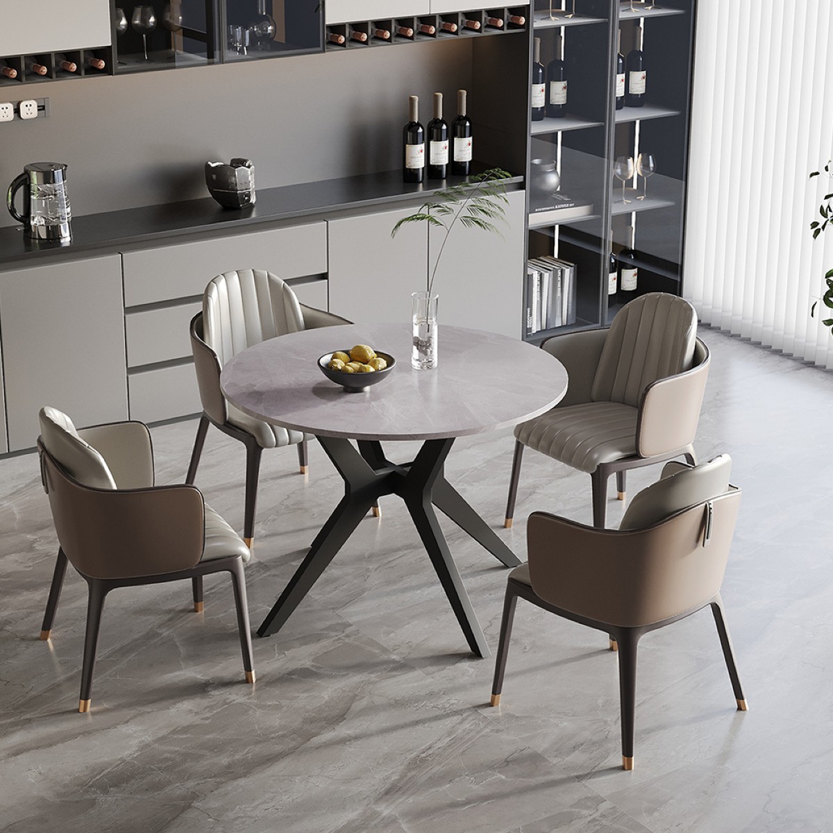 Table à manger ronde en pierre brillante gris 110 cm PAULA