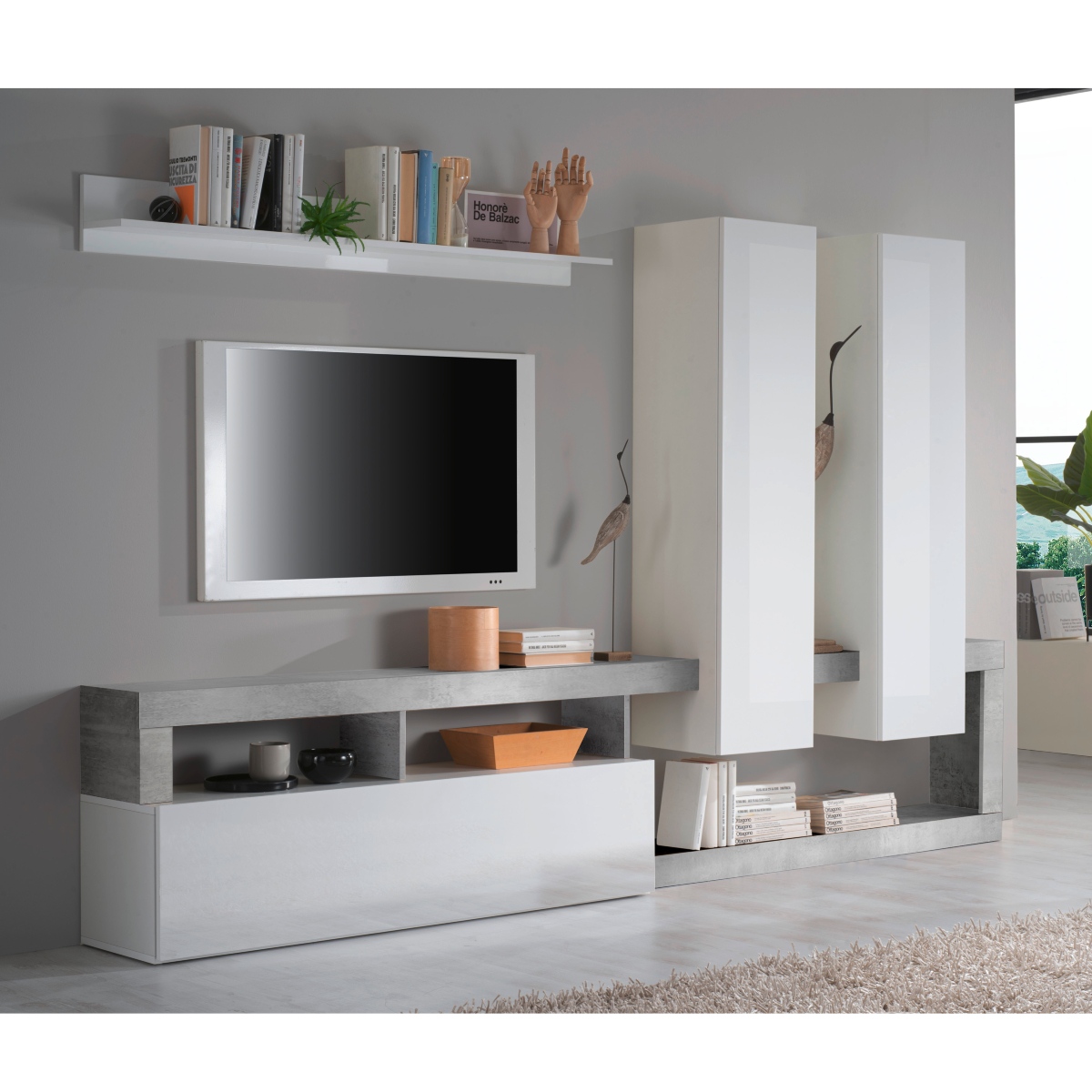 Ensemble tv mural laqué blanc et gris béton 280cm GAMA