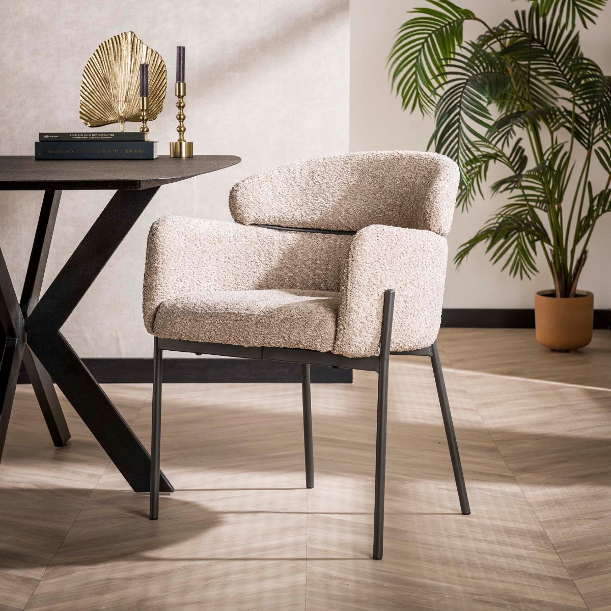 Chaise fauteuil en tissu bouclé sable BOUCLY (lot de 2)