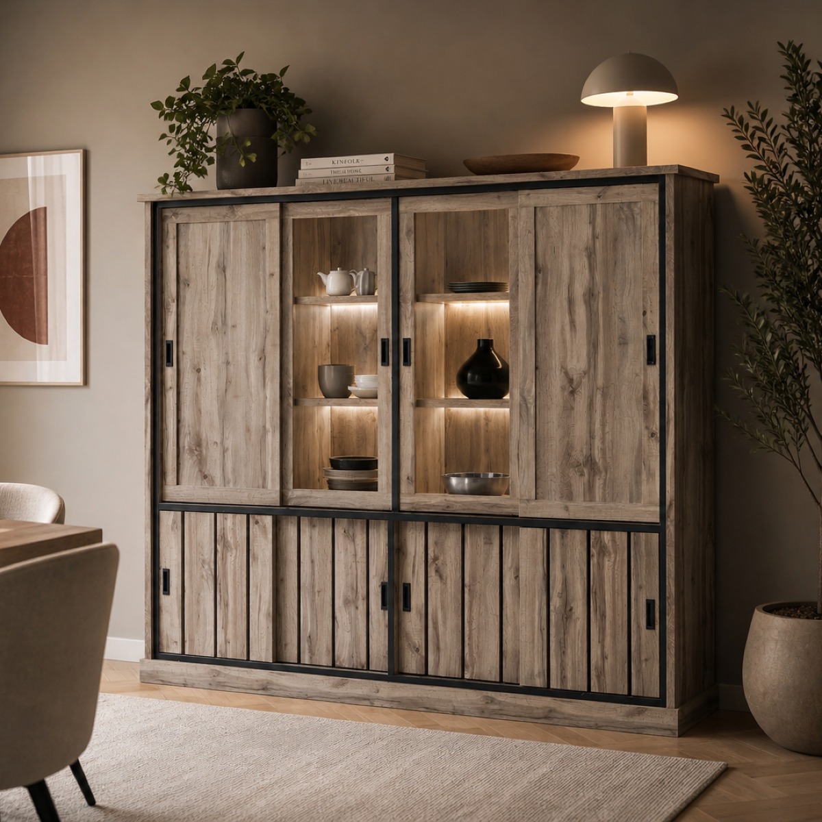 Vaisselier contemporain en bois clair avec vitrines éclairées