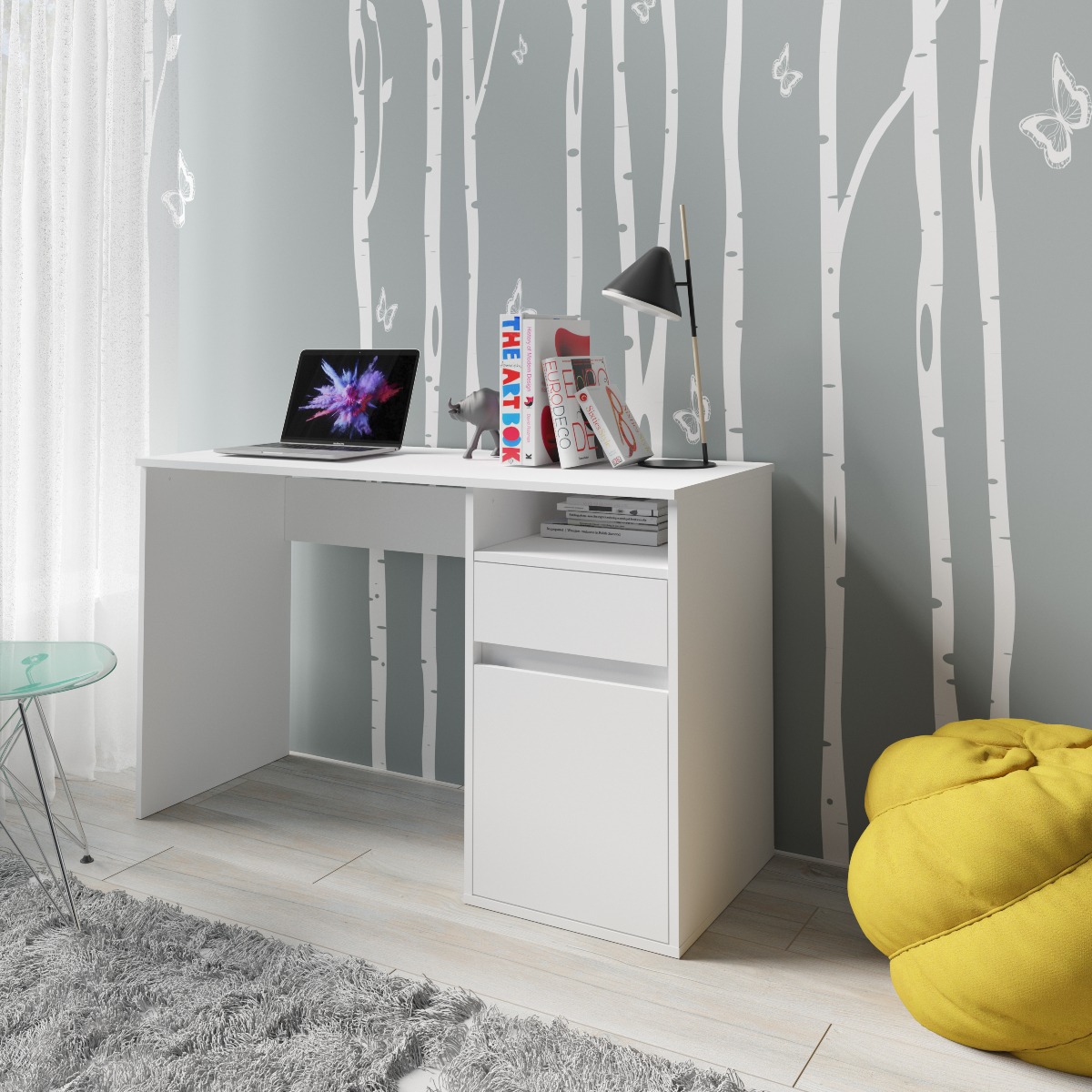 Bureau moderne blanc 120cm avec rangement ALBI