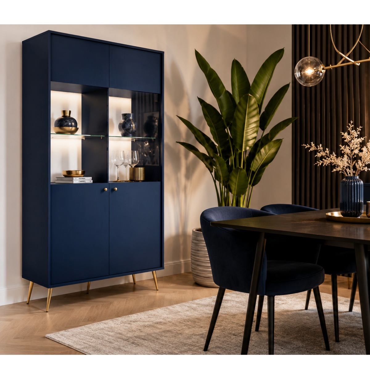 Vitrine moderne bleue avec piètement doré et étagères vitrées design