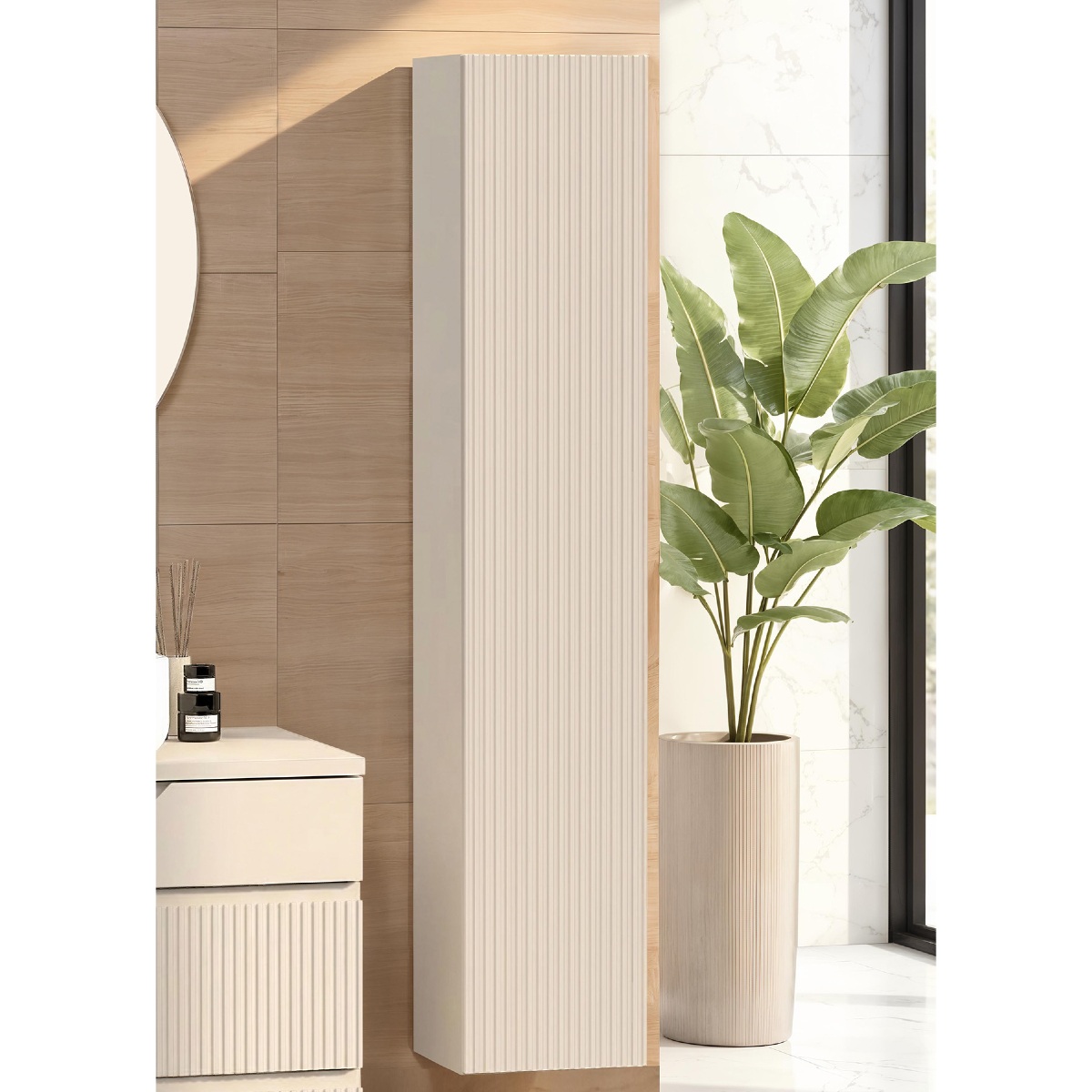 Colonne suspendue de salle de bain beige avec façade rainurée moderne