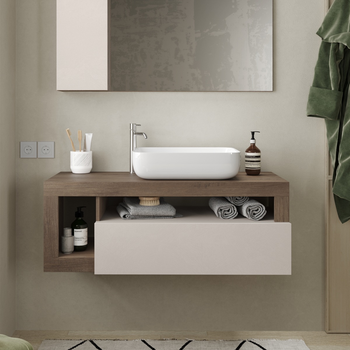 Meuble suspendu salle de bain couleur noyer et blanc L 110cm GAMA