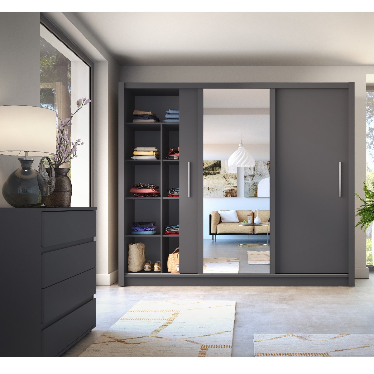 Armoire moderne gris 3 portes coulissantes 245cm ULRIC