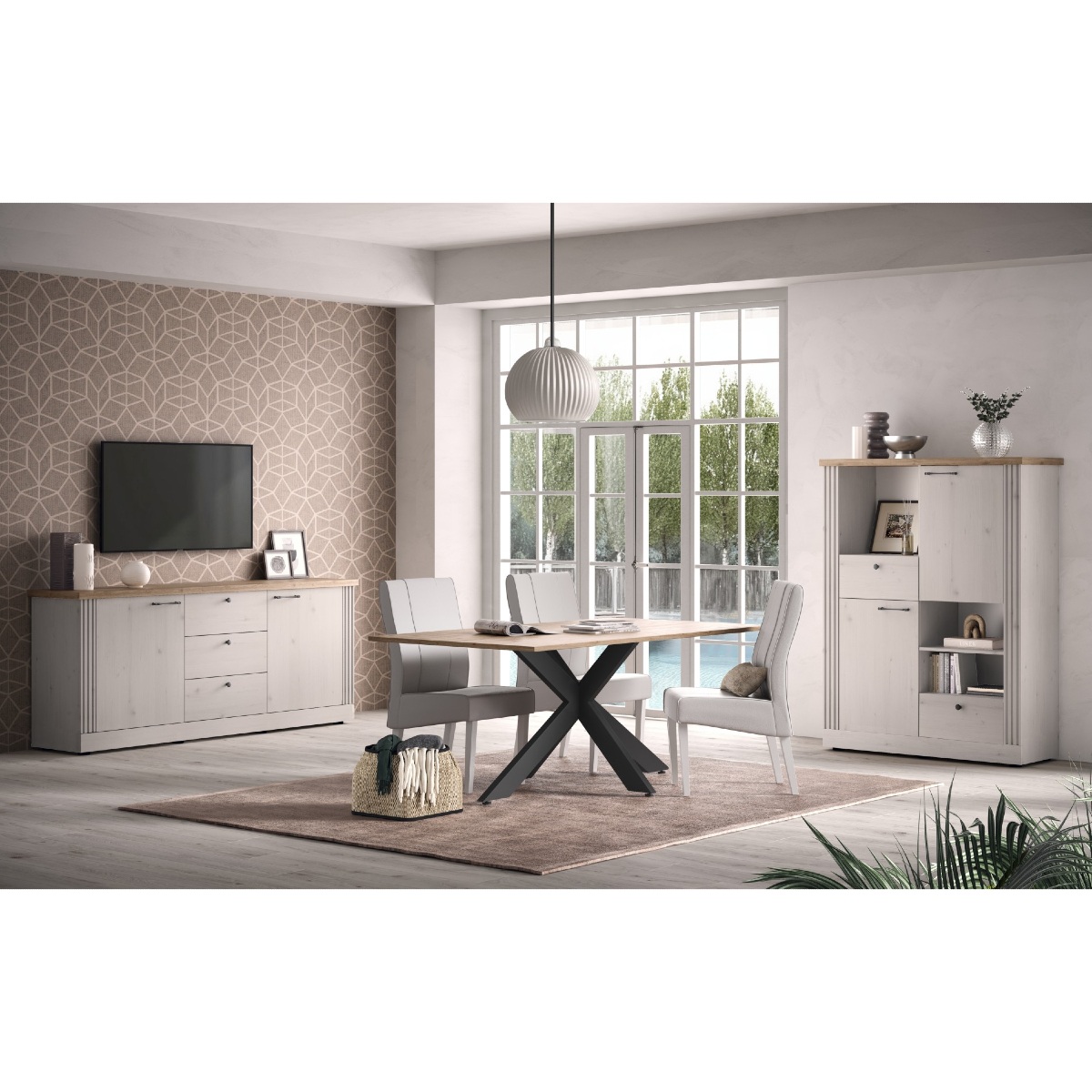 Salle à manger complète moderne bois et blanc YANIS