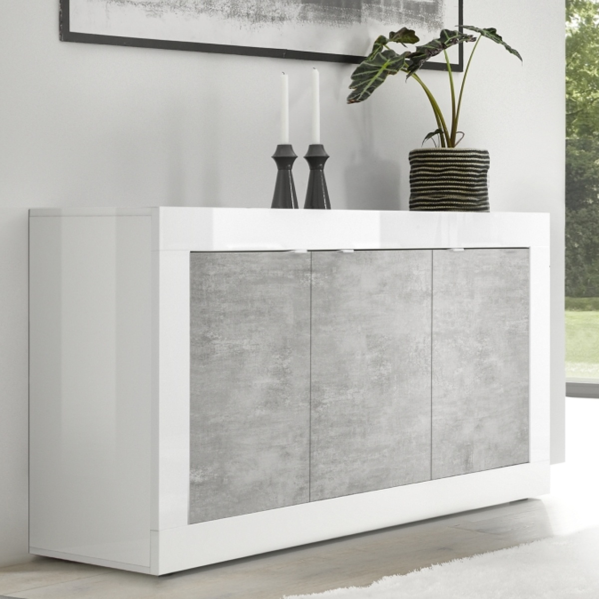 Buffet bas moderne 3 portes blanc et gris béton 160cm CALIA.