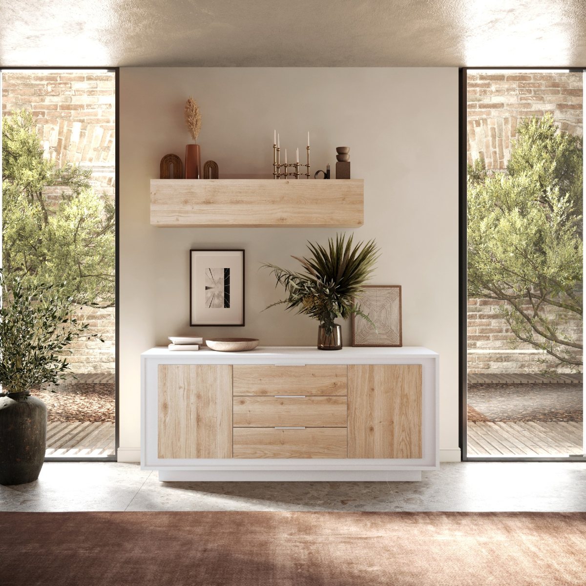 Buffet bas blanc et bois 2 portes-3 tiroirs 180cm YORI