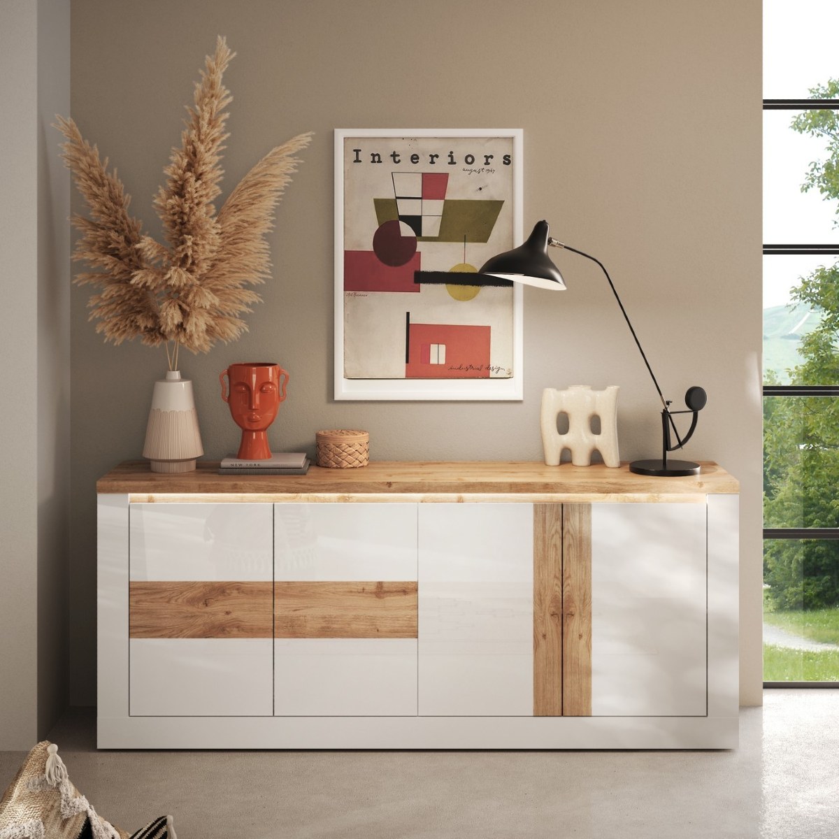 Buffet moderne 4 portes laqué blanc et bois 210cm ARIA