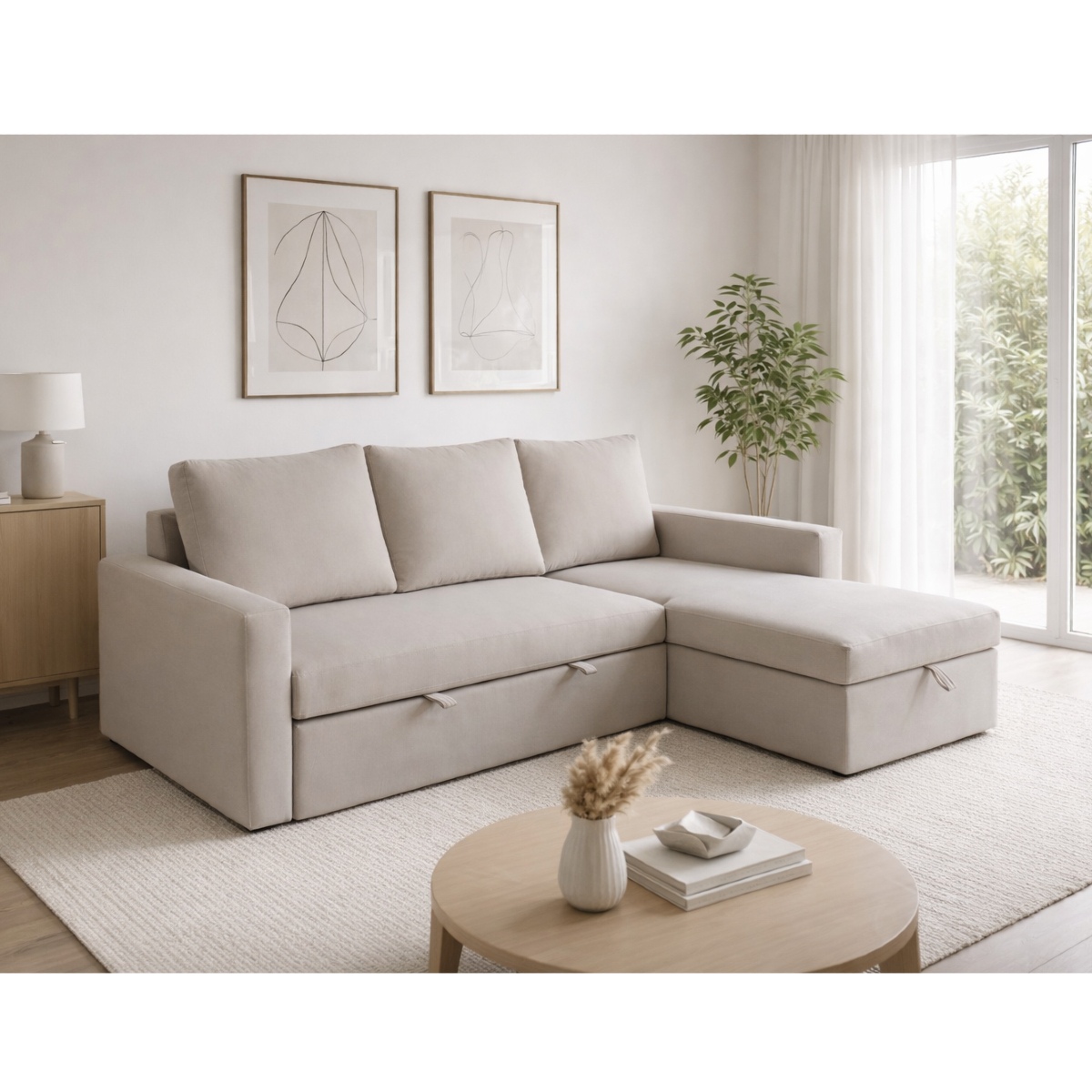 Canapé d’angle convertible avec coffre coloris beige COSY