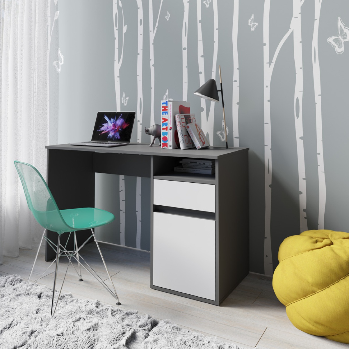Bureau moderne gris et blanc 120cm avec rangement ALBI