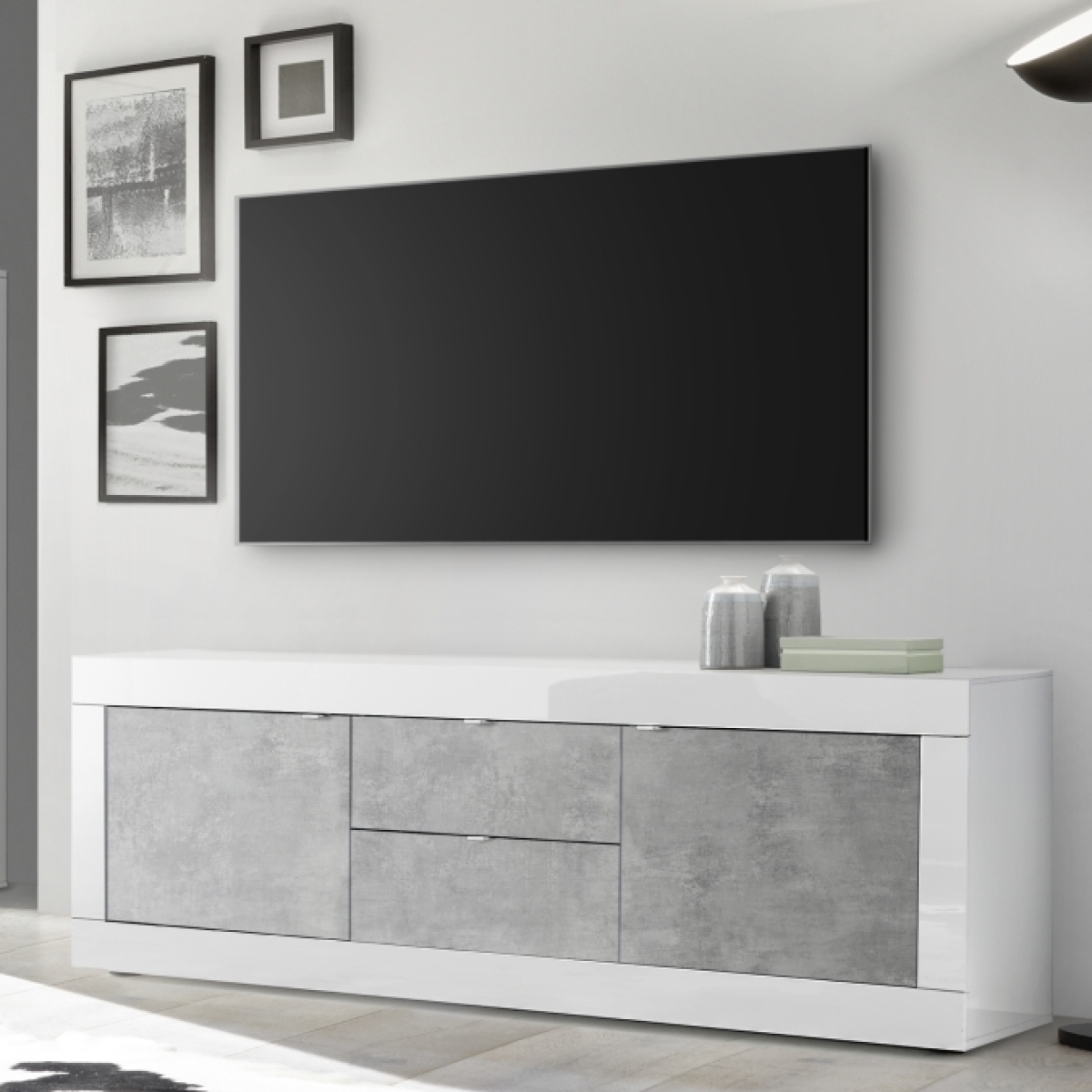 Meuble TV 2 portes - 2 tiroirs blanc et gris 210cm CALIA