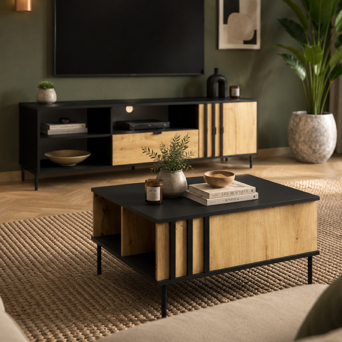 Table basse moderne noir et bois avec niche de rangement ouverte