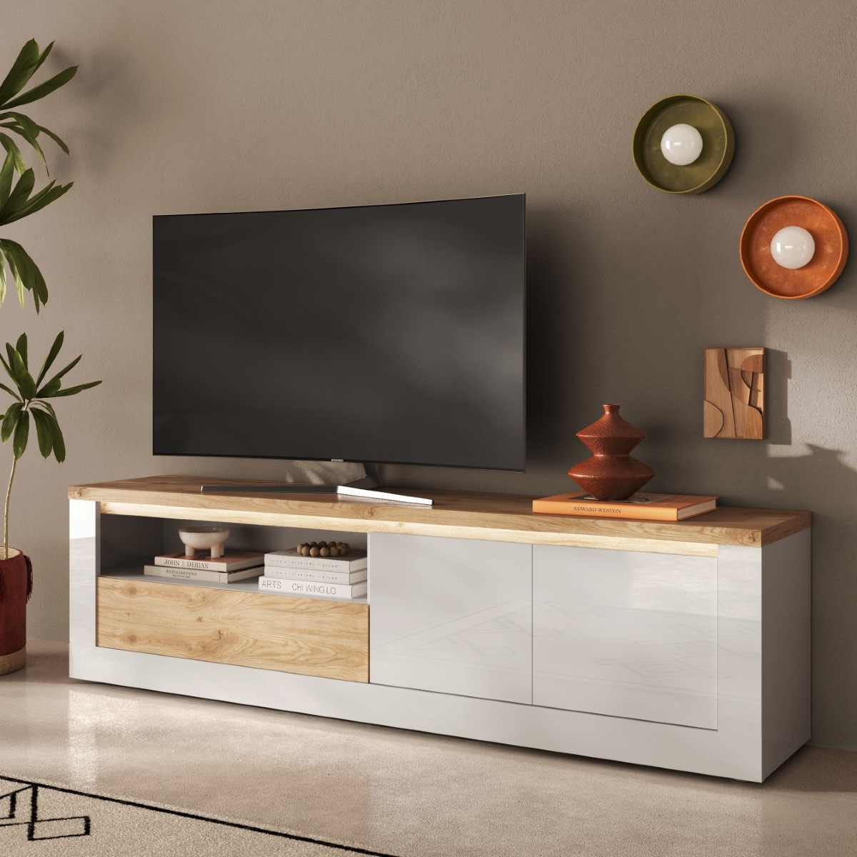 Meuble TV moderne laqué blanc et bois + led 210cm ARIA