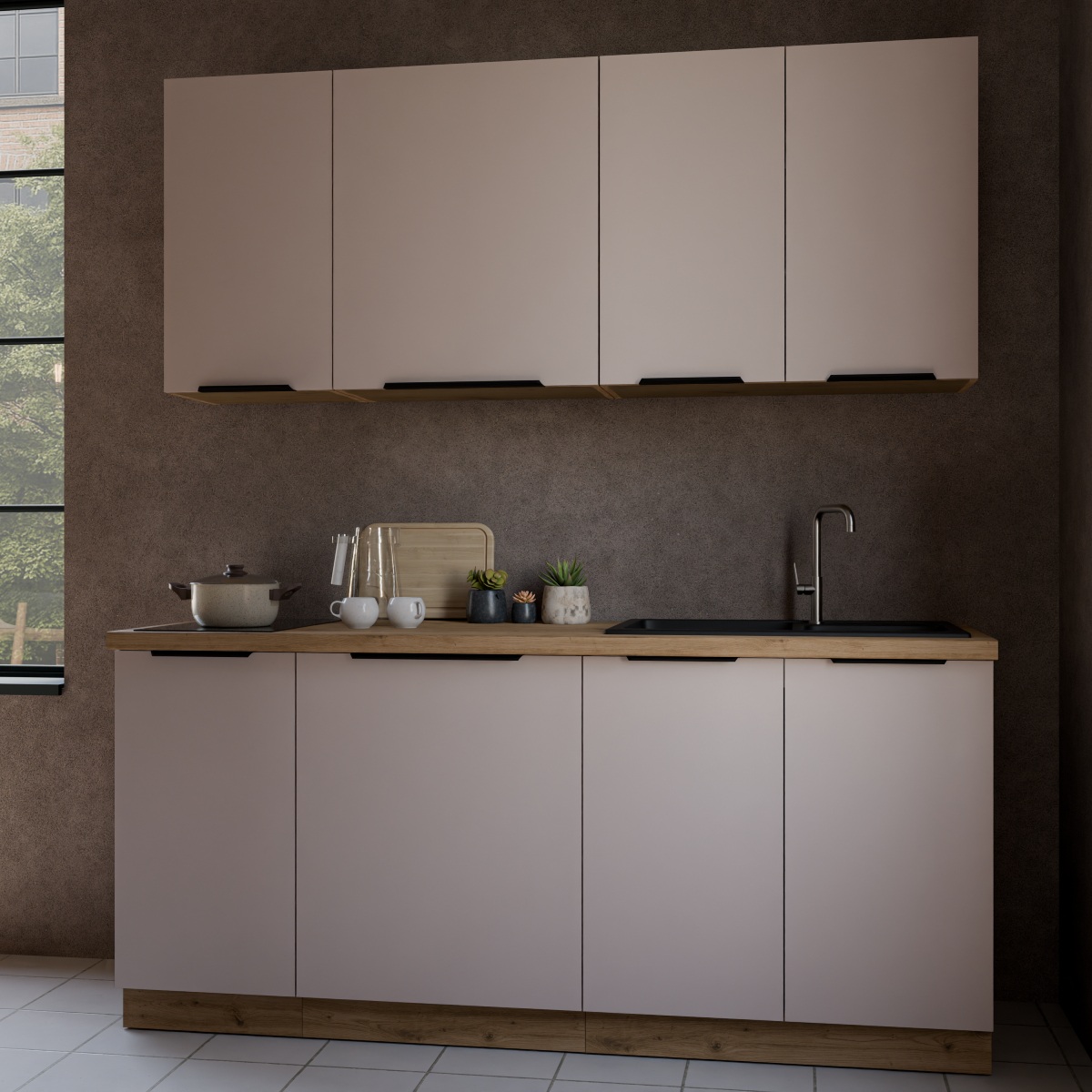 Cuisine complète moderne beige et bois 180cm ELISA