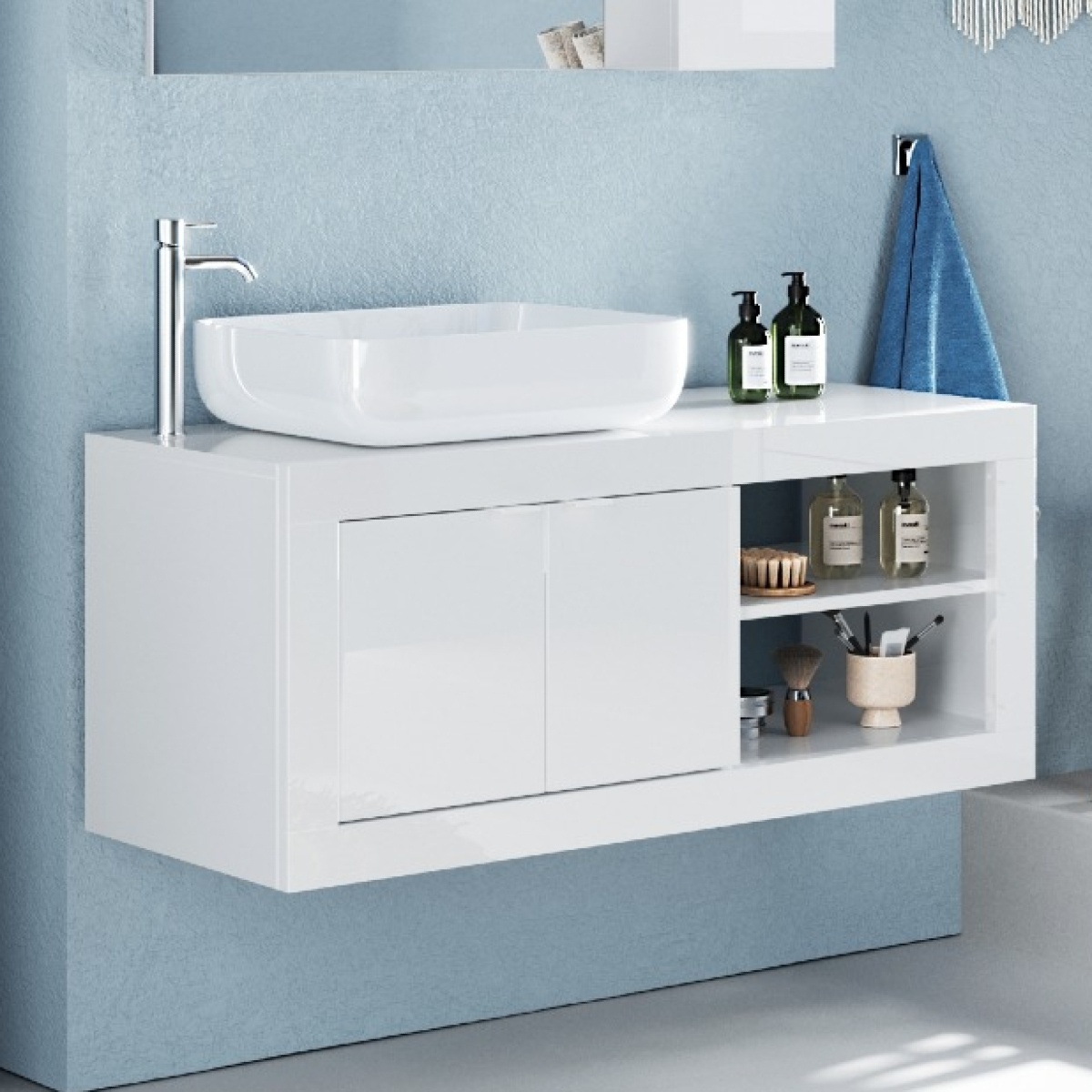 Meuble suspendu salle de bain moderne + vasque L110cm CALIA