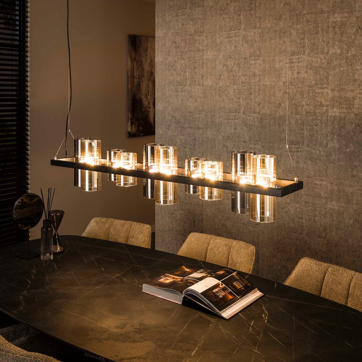 Suspension en verre ambré et chromé 10 lampes CLASSY