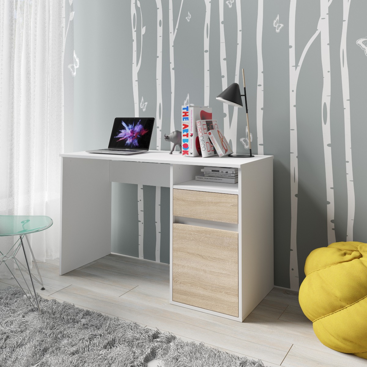 Bureau moderne blanc et bois 120cm avec rangement ALBI