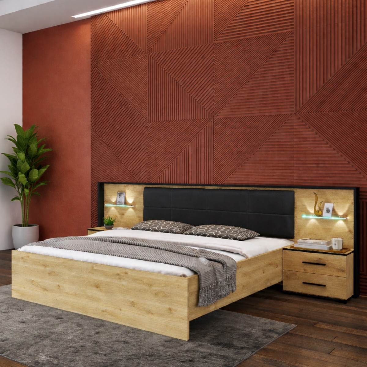 Lit moderne en bois avec LED 160x200cm AMELIA