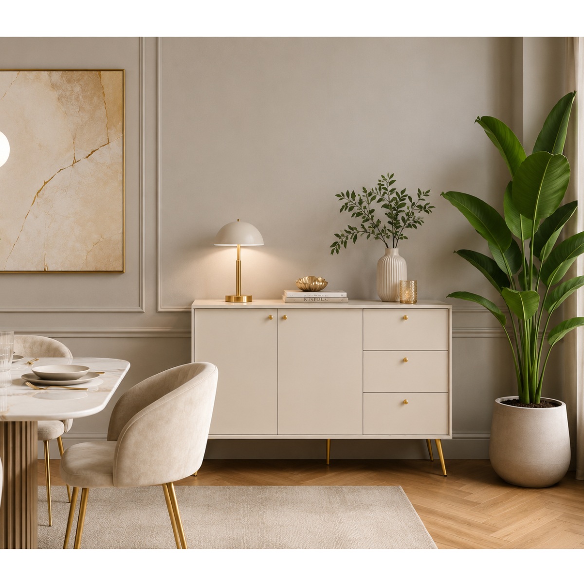 Buffet beige cachemire 2 portes 3 tiroirs avec pieds dorés design moderne