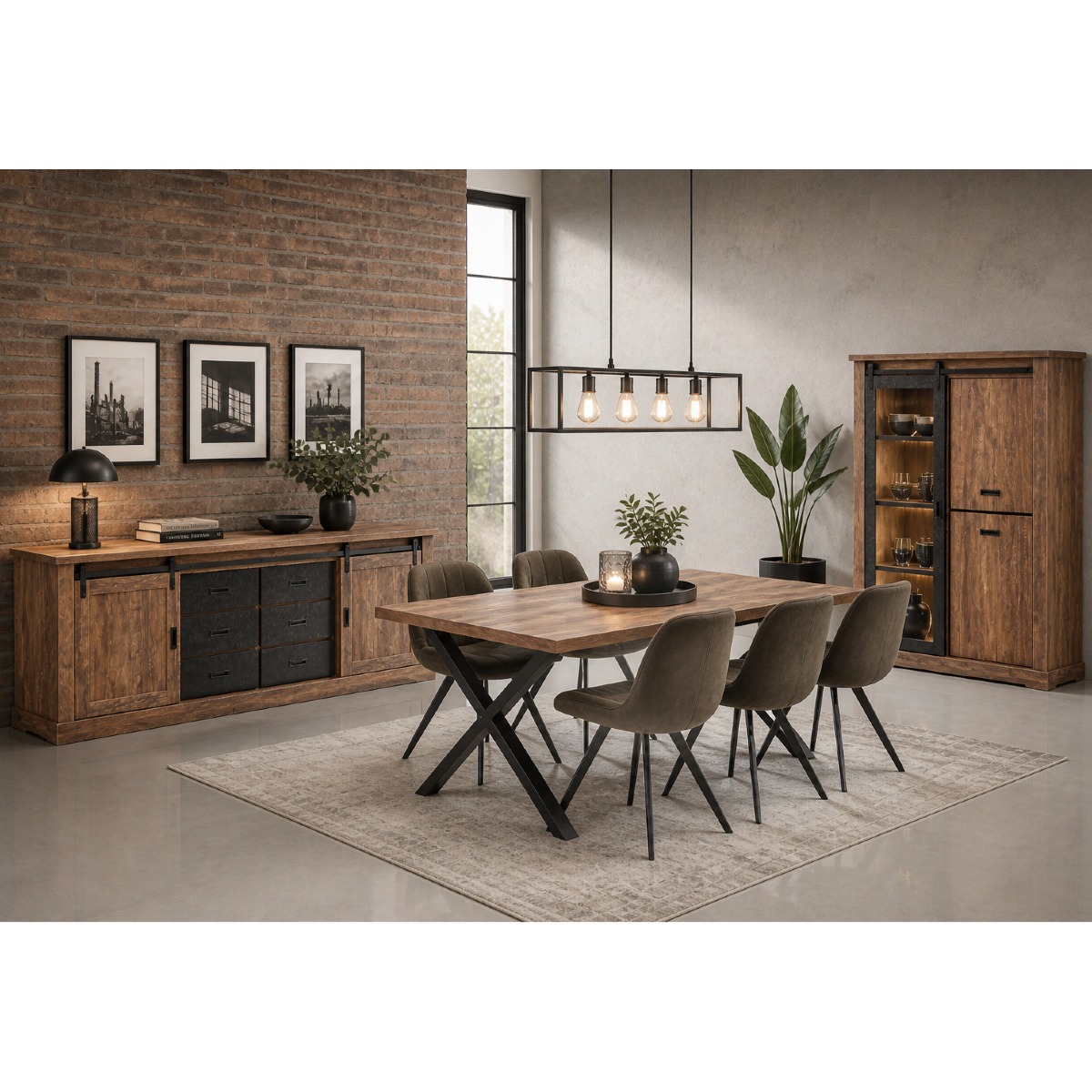 Un buffet, une vitrine et une table au style industriel affirmé