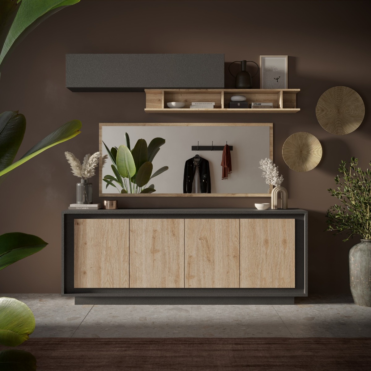 Buffet bas contemporain 4 portes gris anthracite et bois naturel avec décor minimaliste