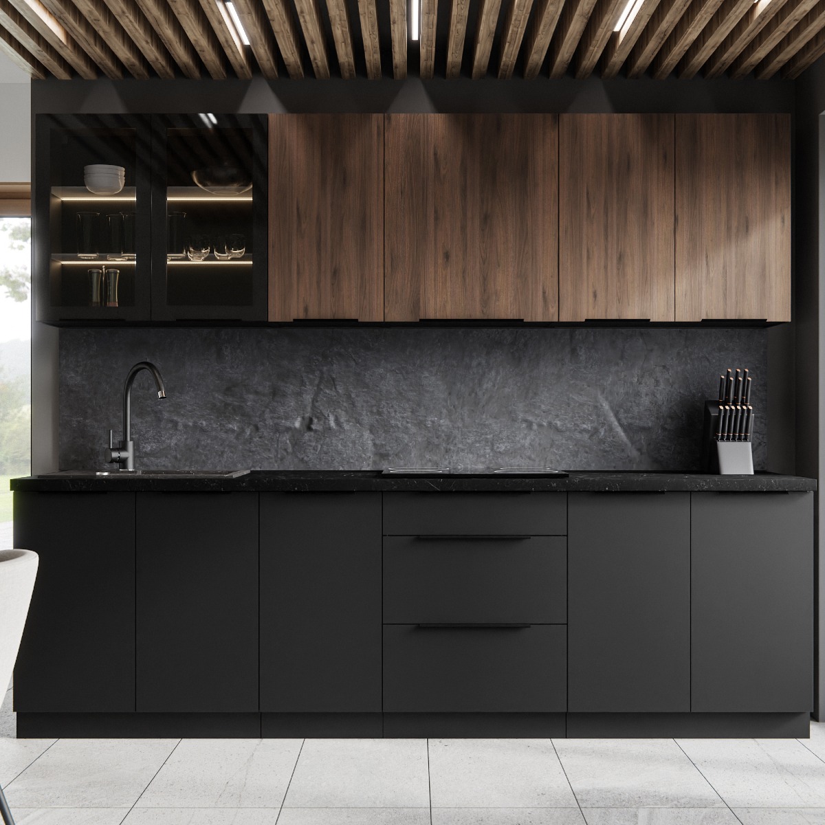 Cuisine complète moderne noir et bois 260cm MAO