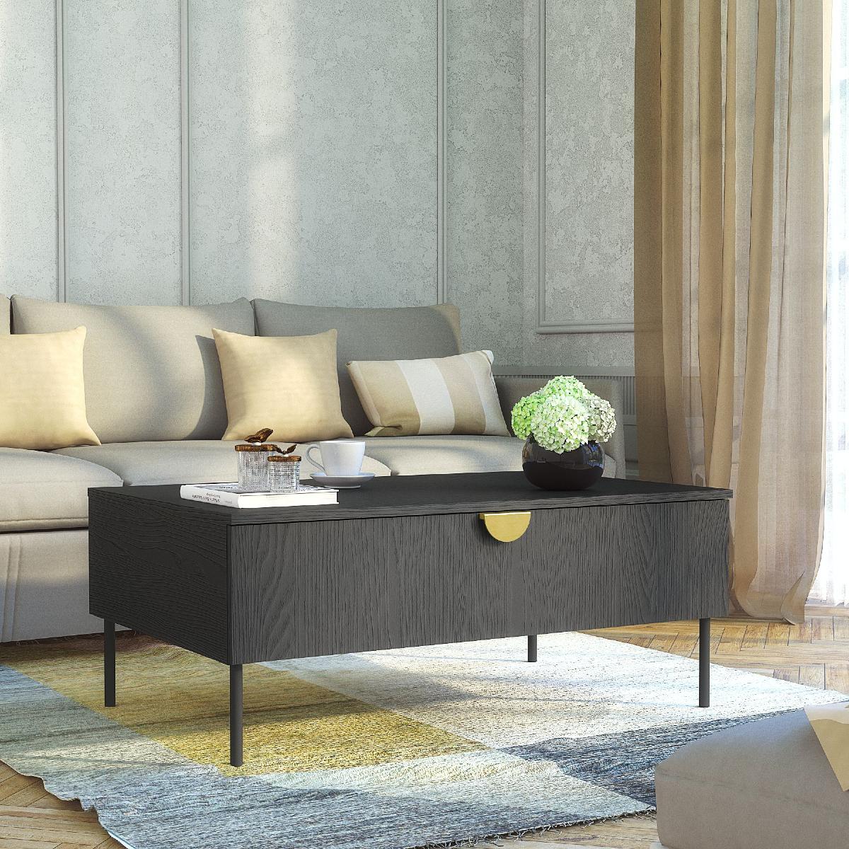 Table basse noire et or moderne avec porte de rangement intégrée