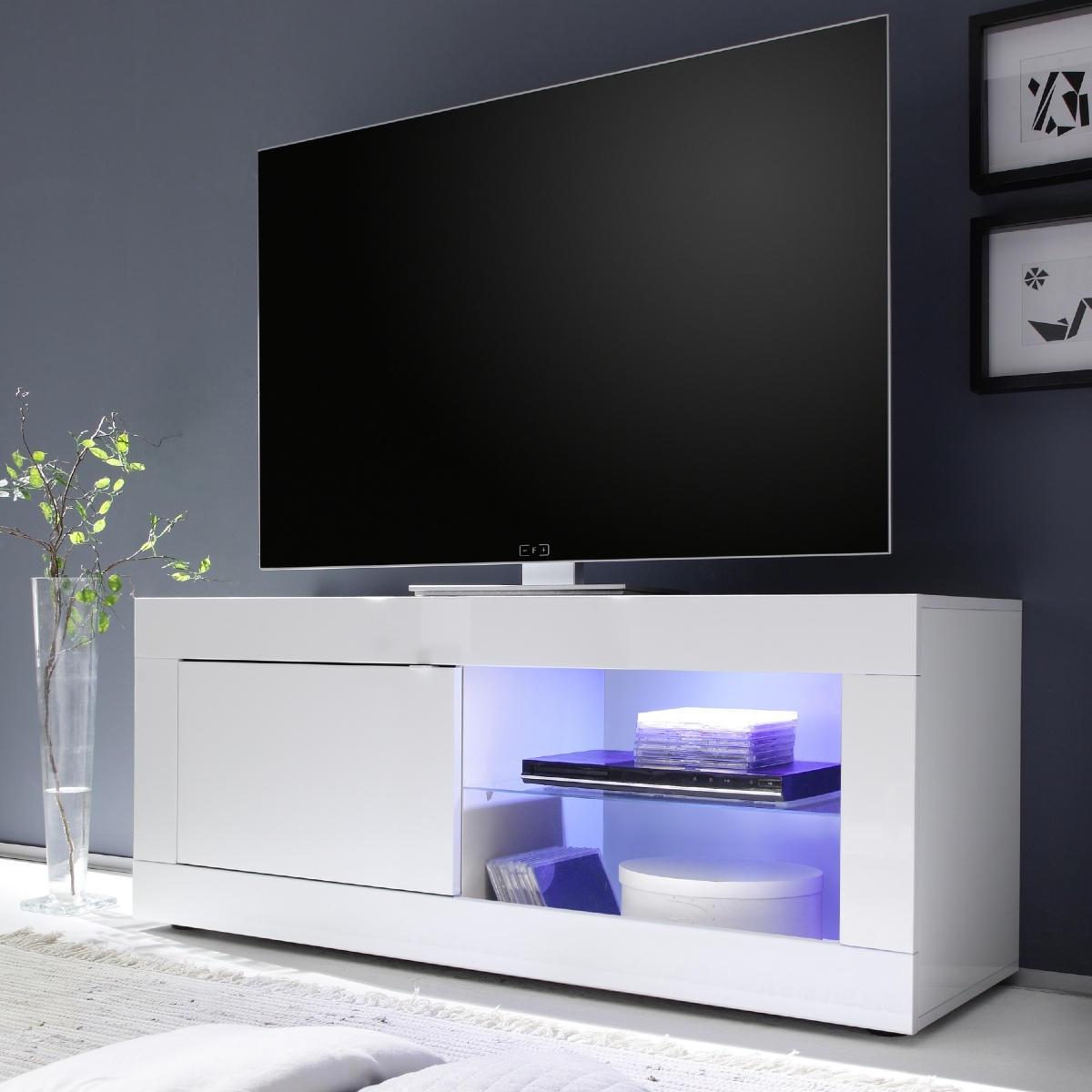 Meuble TV 1 porte - 2 niches blanc laqué 140cm CALIA
