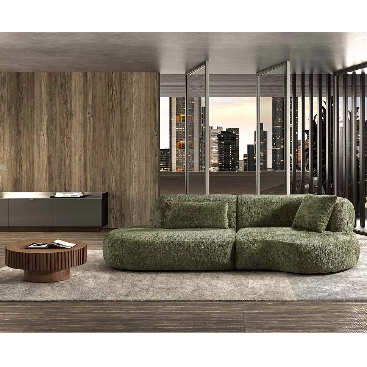 Canapé design vert en tissu texturé avec dossier arrondi vue côté droit