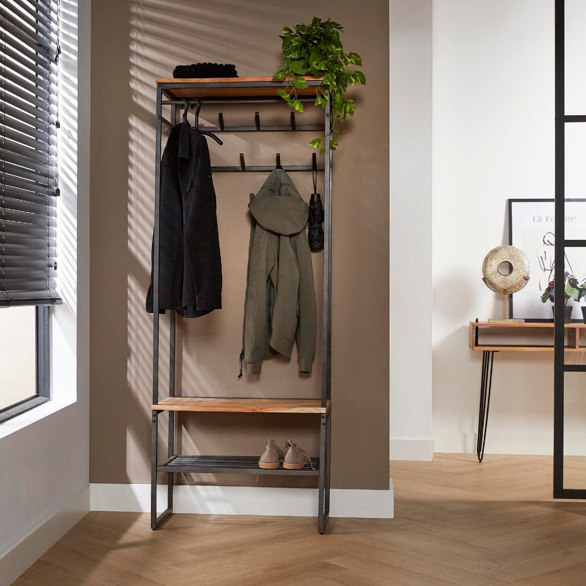Vestiaire d'entrée en bois massif TAVOLA 8 crochet, étagère, tringle