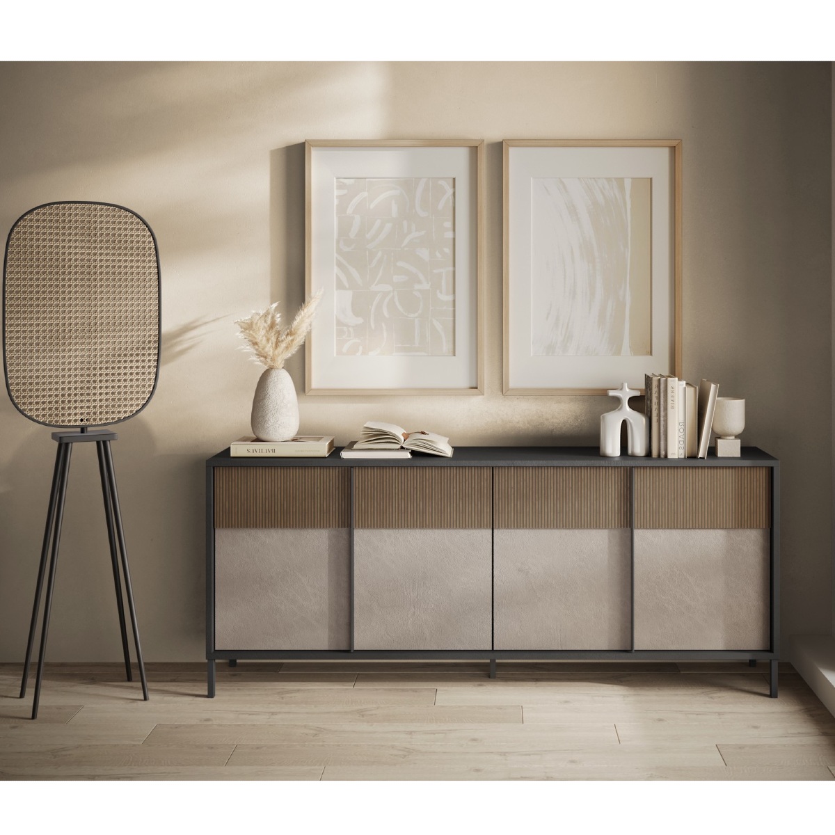 Buffet moderne 4 portes bois et travertin 210cm EZE