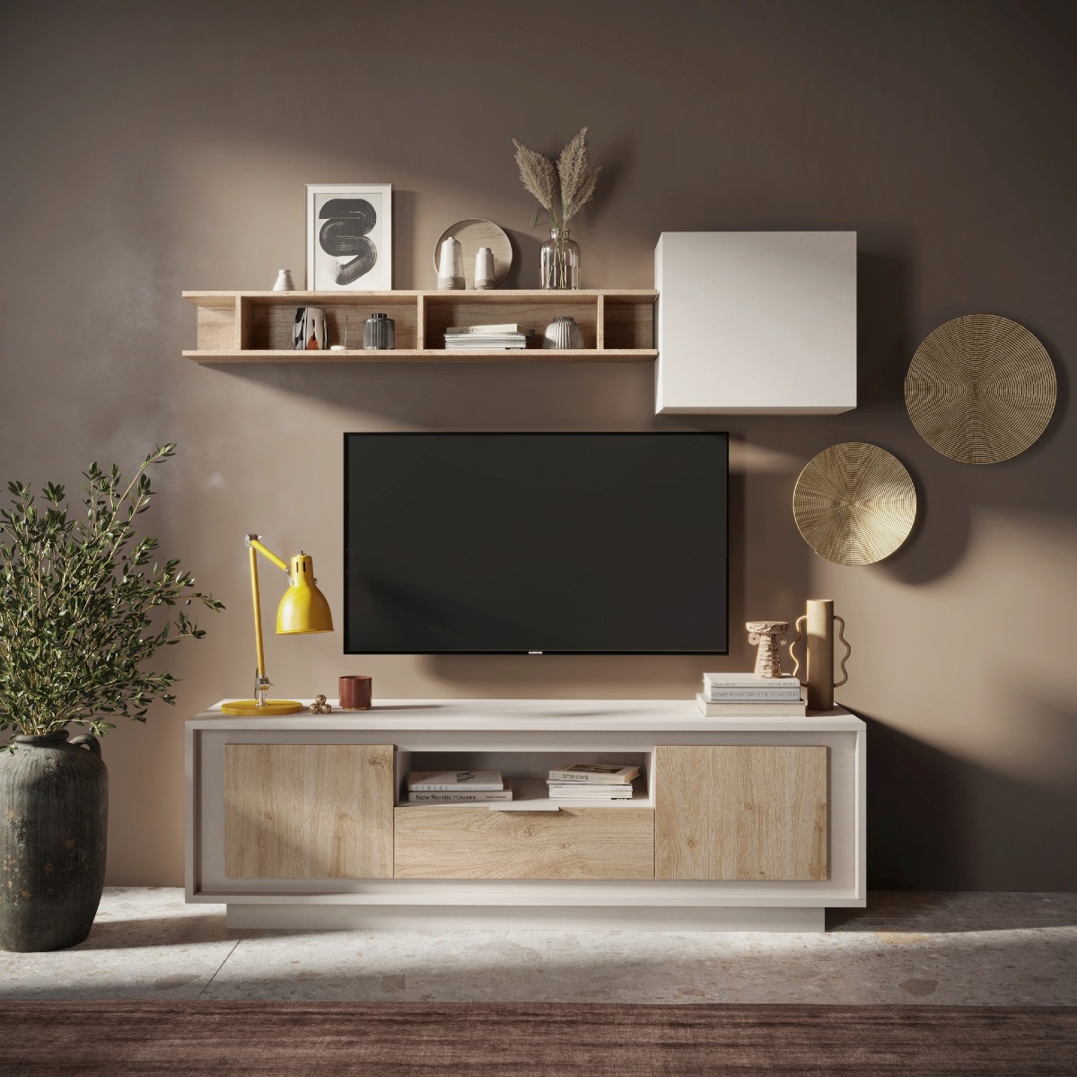 Meuble tv contemporain 180cm beige et bois clair YORI