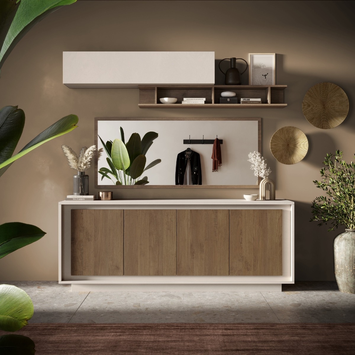 Buffet bas contemporain 4 portes beige et noyer YORI