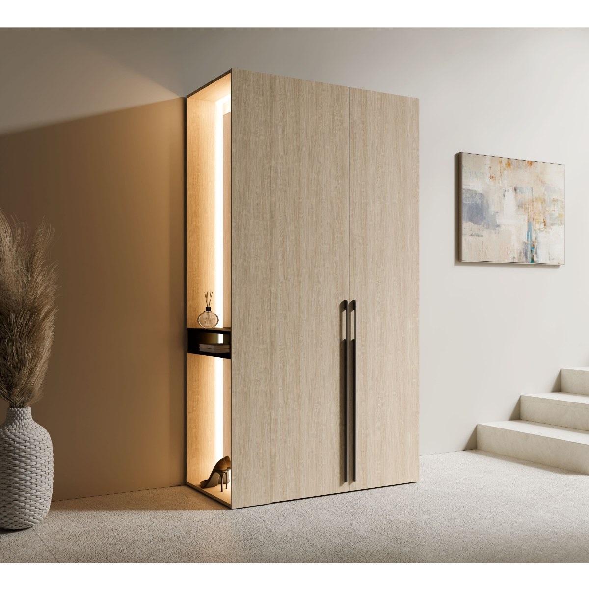 Armoire bois clair avec niche latérale éclairée
