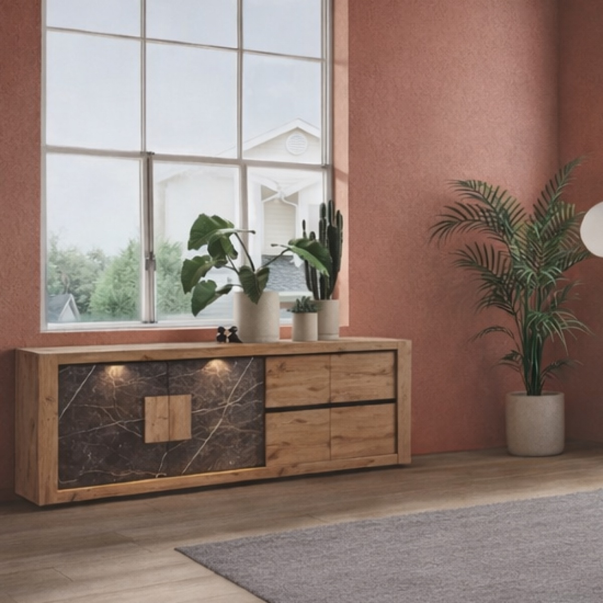 Buffet moderne bois et marbre avec LED 240cm RACHA