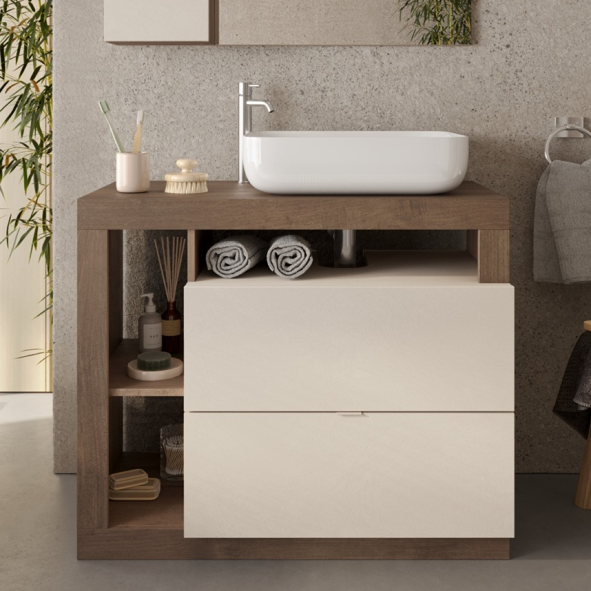 Meuble salle de bain couleur noyer et blanc + vasque L 90cm GAMA