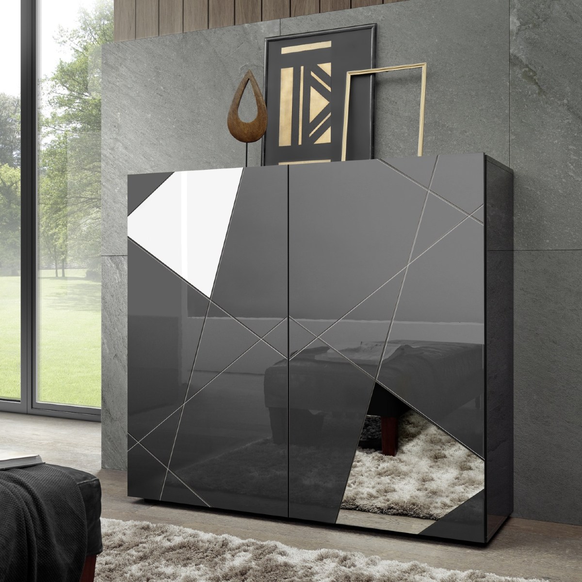 Buffet haut moderne 2 portes laqué gris ANTONIA