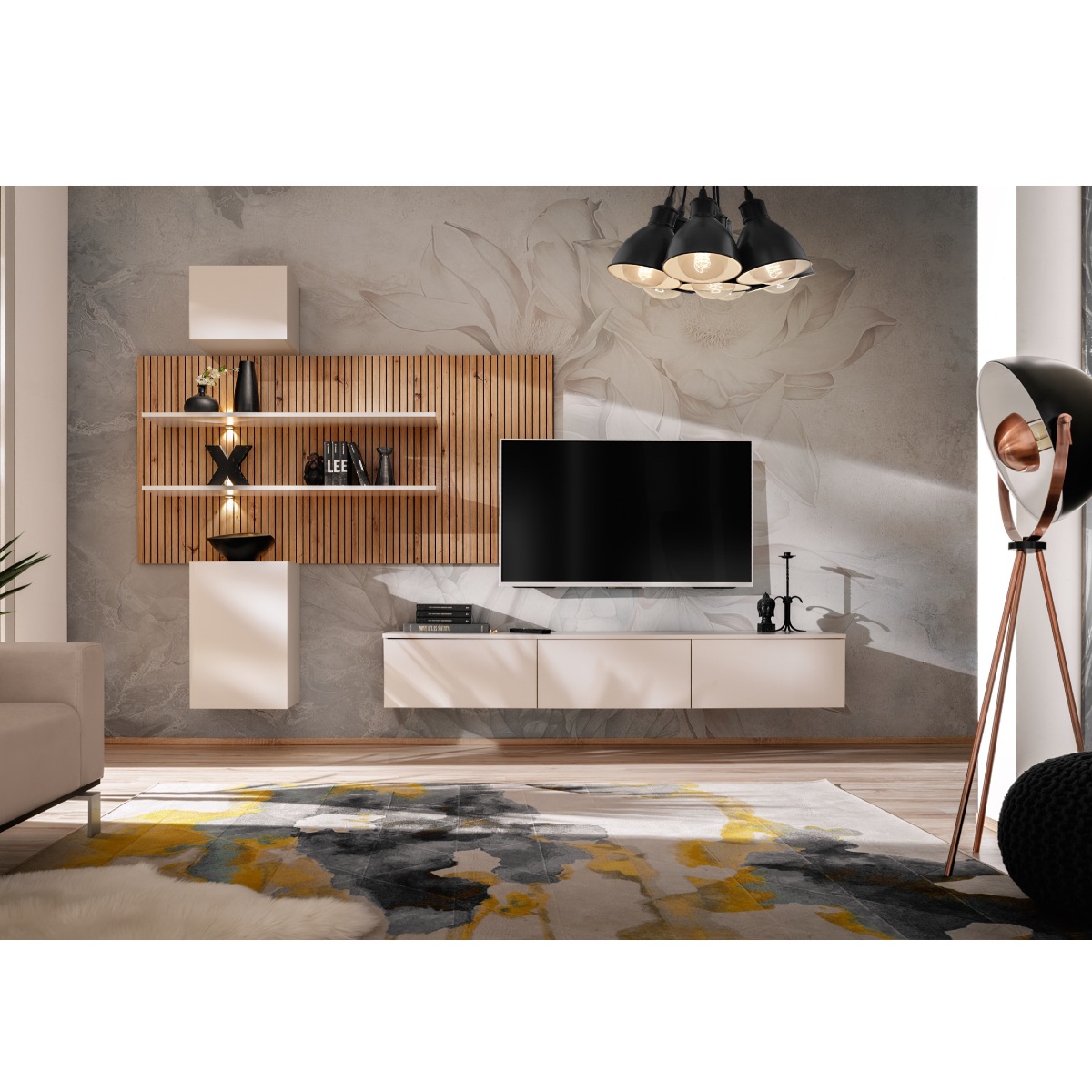 Meuble TV suspendu avec panneau mural en bois TRIPOLI