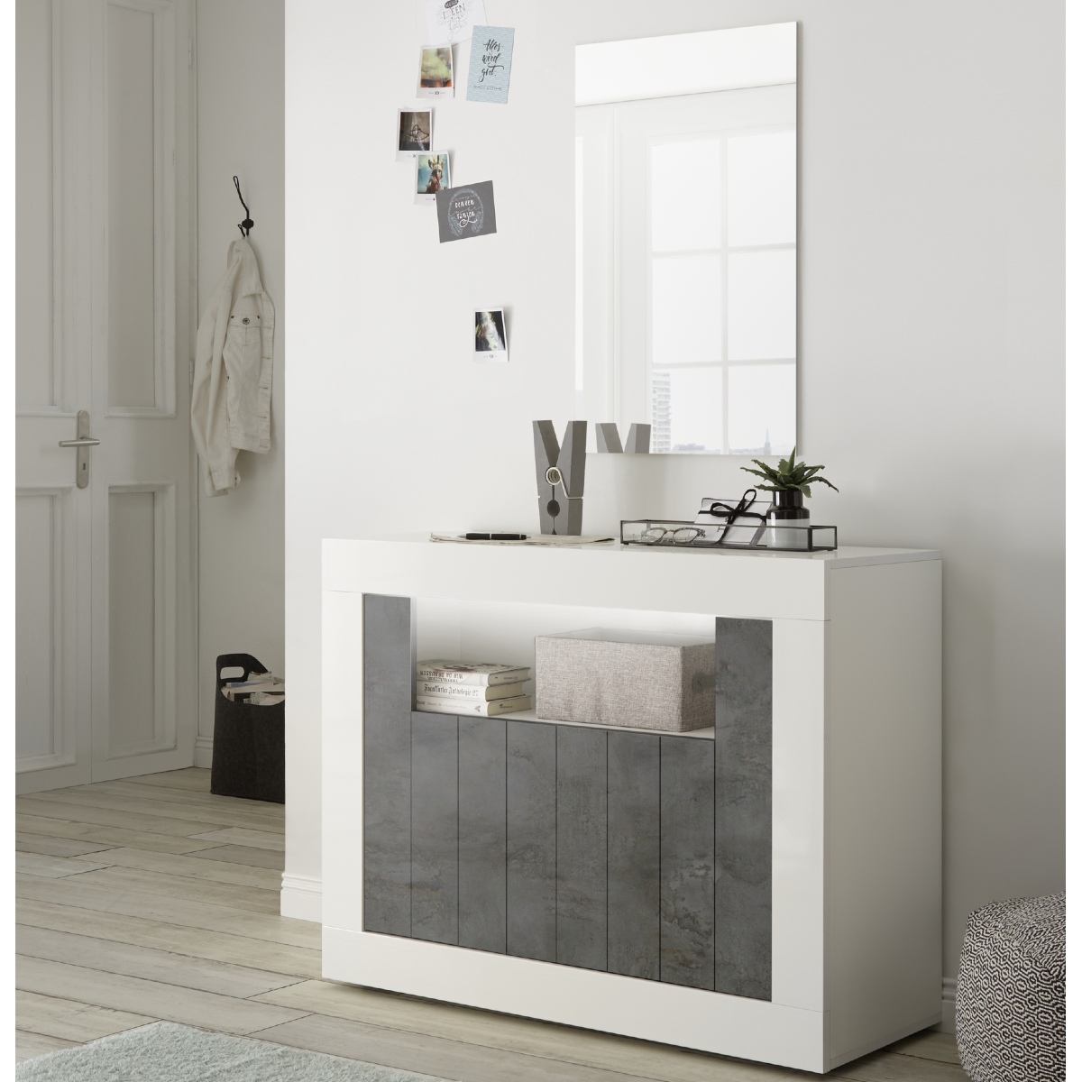 Buffet moderne blanc laqué et gris oxyde 2 portes 110cm NIO