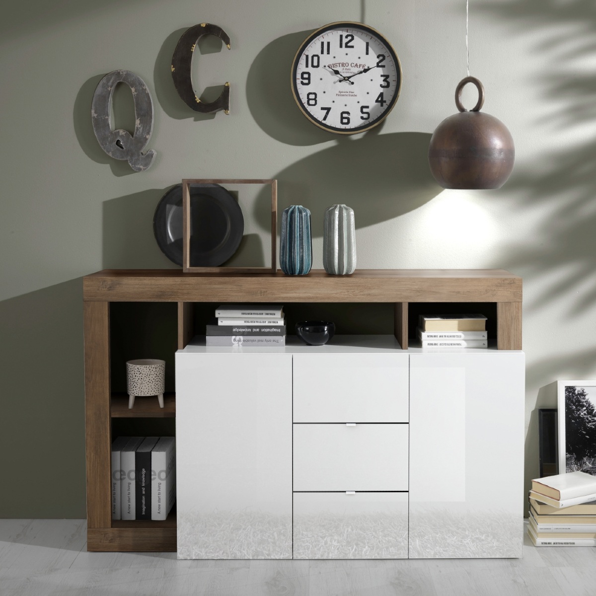 Buffet laqué blanc et noyer 2 portes-3 tiroirs GAMA