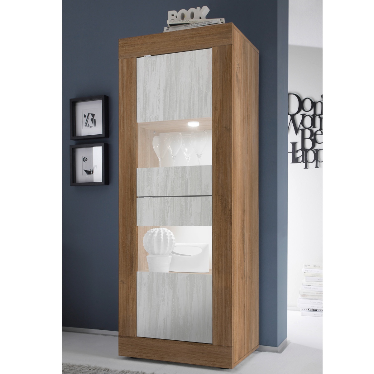 Vitrine moderne noyer et blanc 1 porte 60cm CALIA 2