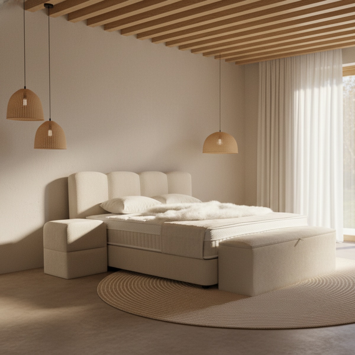 Lit Boxspring coffre 140cm en tissu + matelas + surmatelas AMAURY