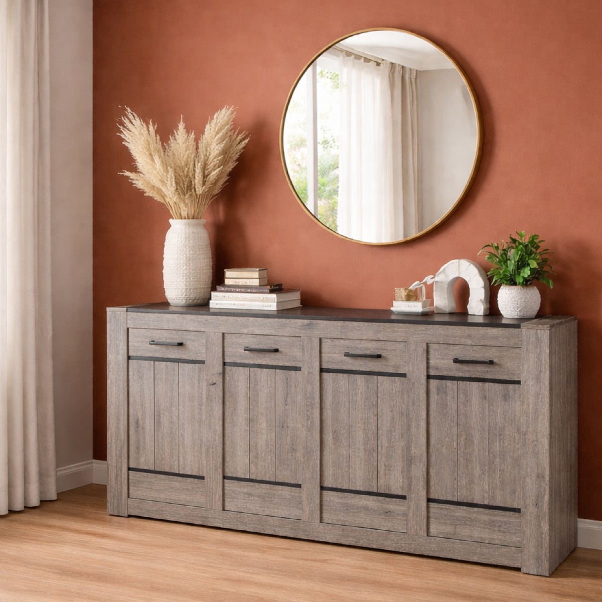 Buffet bas moderne chêne gris 4 portes MAYA