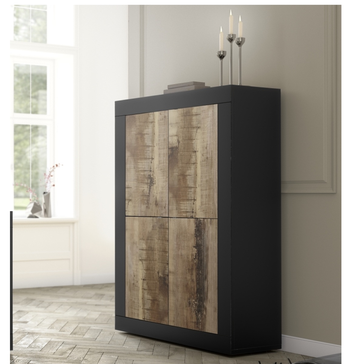 Argentier-bar 4 portes pleines noir et bois CALIA