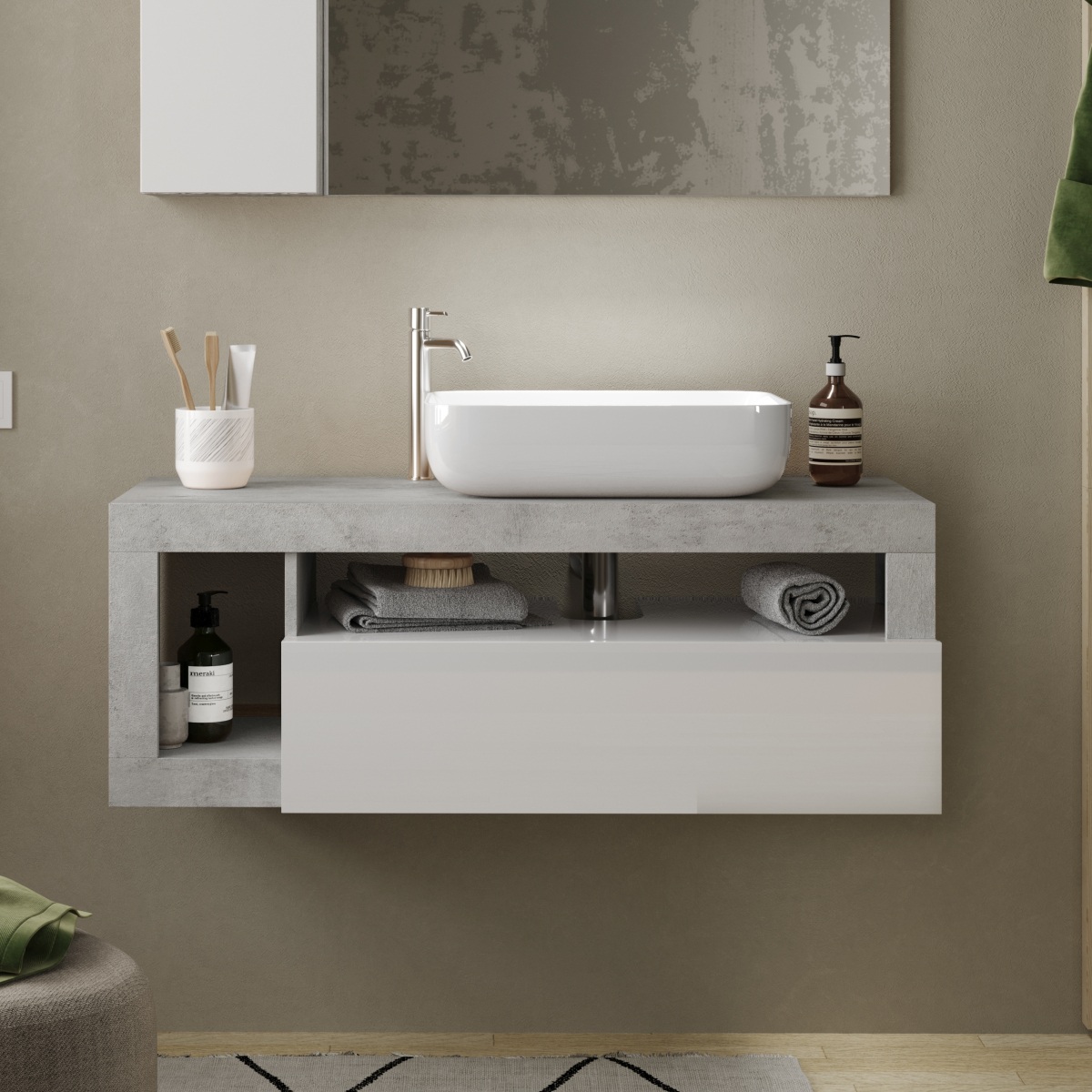 Meuble suspendu salle de bain couleur gris béton et blanc 110cm GAMA