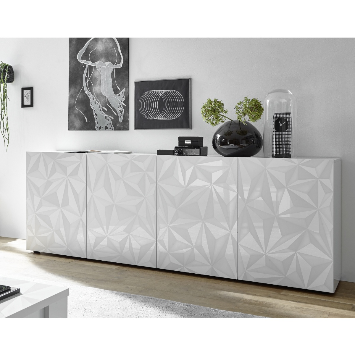 Buffet bas moderne laqué blanc 4 portes 240cm CAPRI