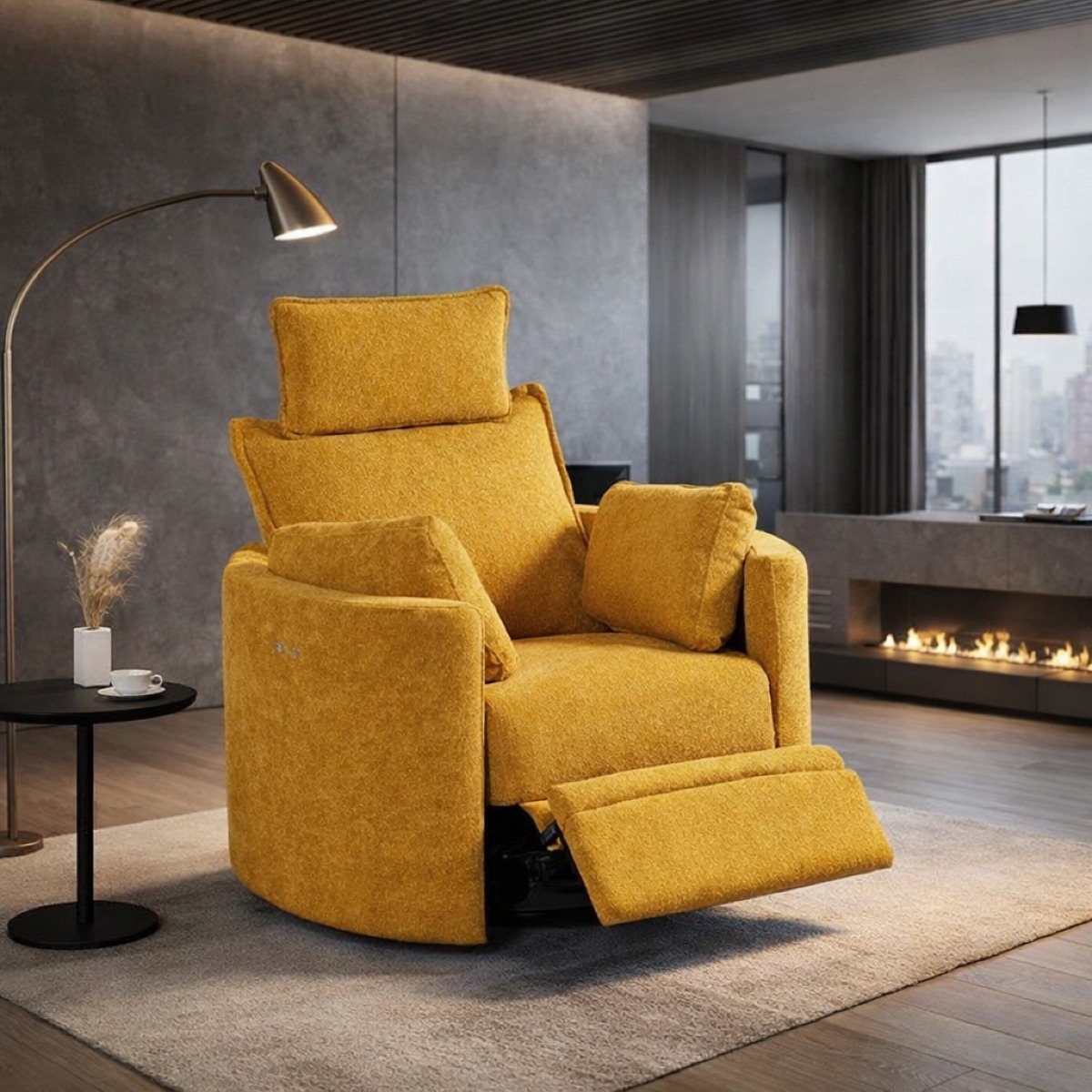 Fauteuil pivotant moderne avec relax électrique et fonction rocking-chair en tissu jaune ELOA