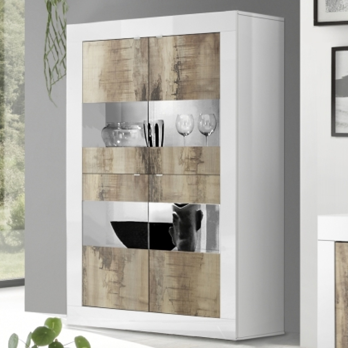 Vitrine moderne 4 portes blanc et bois 100cm CALIA
