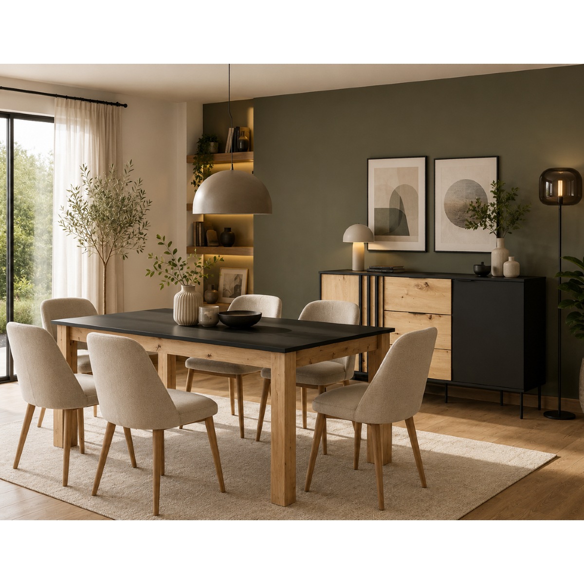 Ensemble salle à manger complète noir et bois 180 cm